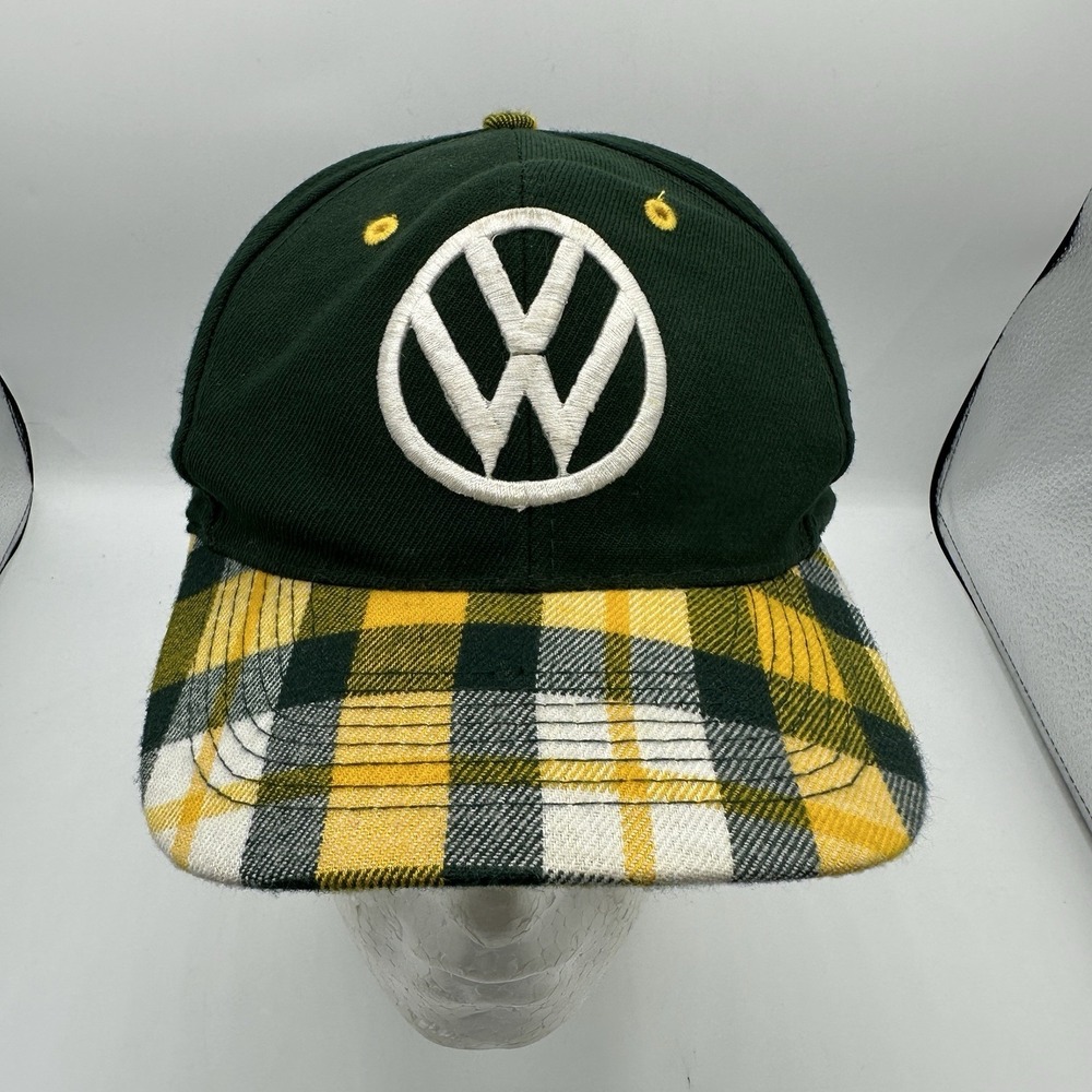 Vintage Volkswagen VW Logo Plaid Brim Snapback Hat Otto Cap Green Wool